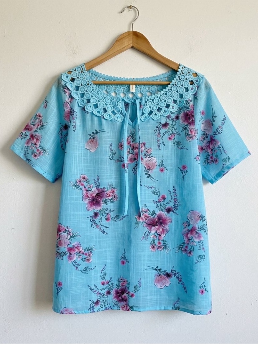 Vibrant Floral Boho Crochet Neck Plus Size Blouse | Easy-Care Light Blue Top 5X